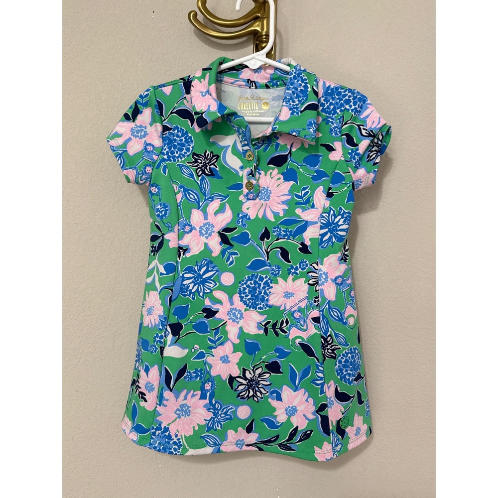 Lilly Pulitzer Mini Frida Polo Dress UPF 50+, Green Floral Golf Monkeys XS/2-3T